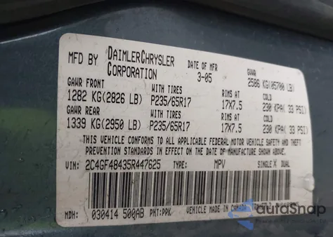 2005 Chrysler Pacifica из США, поврежденный, VIN 2C4GF48435R447625